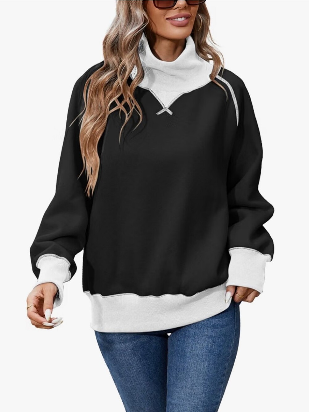 Oversized Sweatshirt Soft Raglan Sleeve Turtleneck Pullover